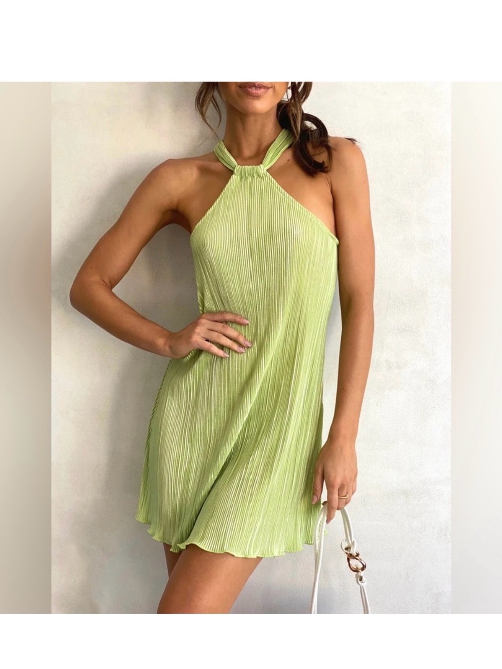 Commense Lime Green Pleated Halter Mini